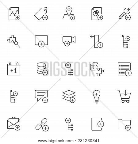 Add Elements Outline Icons Set. Linear Style Symbols Collection, Line Signs Pack. Vector Graphics. S