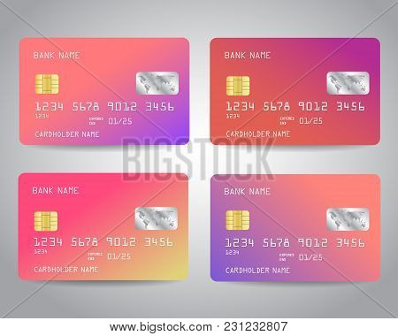 Realistic Detailed Credit Cards Set With Colorful Abstract Trendy Color Gradinet Design Background. 