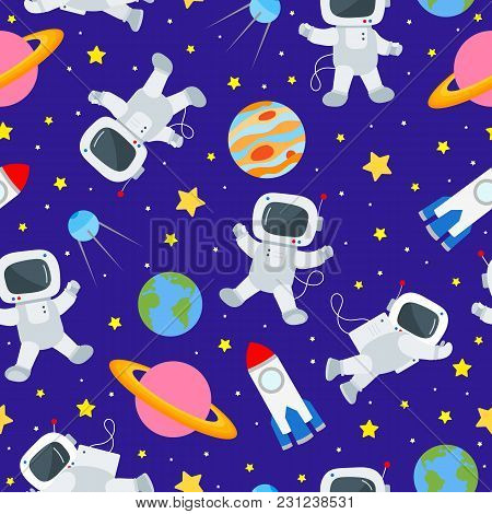 Seamless Pattern On The Theme Of Space And Space Travel , Color Icons On Sky Background