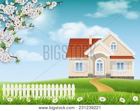 Spring Landscape. Country House On A Hill. Grass And Flowering Tree Branches In The Foreground.