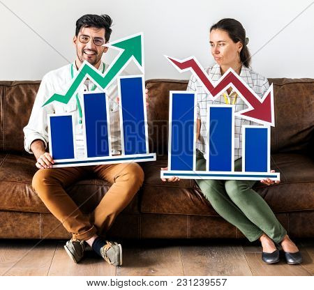 Workers sitting on couch holding infographic icon