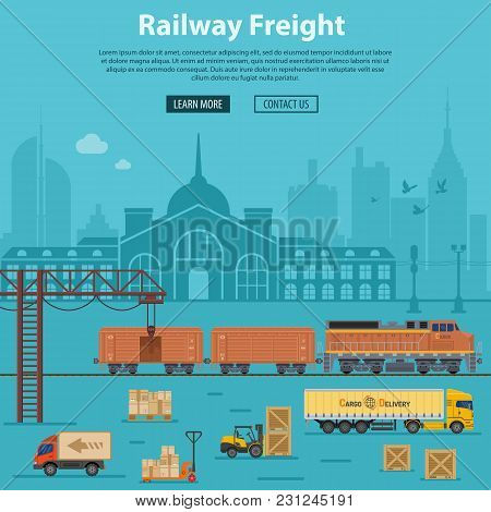 Railway Freight Delivery And Logistics With Flat Icons Train, Delivery, Station, Truck, Rails And Fo