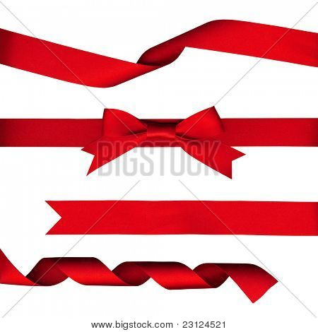Streifen von rote glänzende Schleife und einen Bogen über einen weißen Hintergrund mit Clipping Path