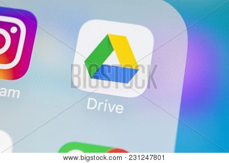Sankt-petersburg, Russia, March 14, 2018: Google Drive Application Icon On Apple Iphone X Screen Clo