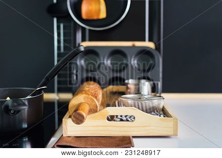 Composition With Kitchen Wooden Steel Accessories Black Wooden Panel Dishes Ware Different Support S