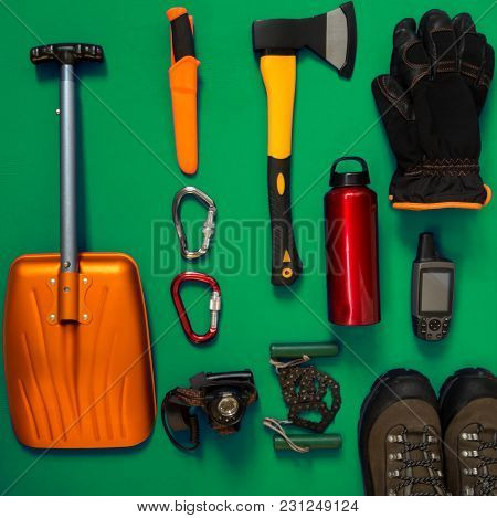 Kit Of Gear For Hiking, Adventure And Survival In Wilderness During Winter - Ax, Avalanche Shovel, G
