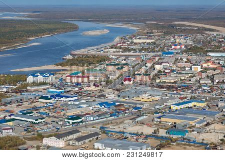 Aerial View Of Tarko-sale Town On The Pyakupur River Yamalo-nenets Autonomous Okrug, Russia. This Is