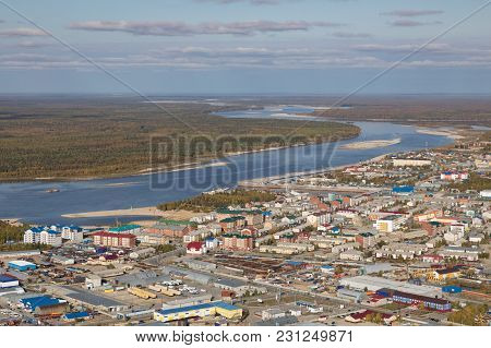 Aerial View Of Tarko-sale Town On The Pyakupur River Yamalo-nenets Autonomous Okrug, Russia. This Is