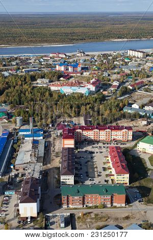 Aerial View Of Tarko-sale Town On The Pyakupur River Yamalo-nenets Autonomous Okrug, Russia. This Is