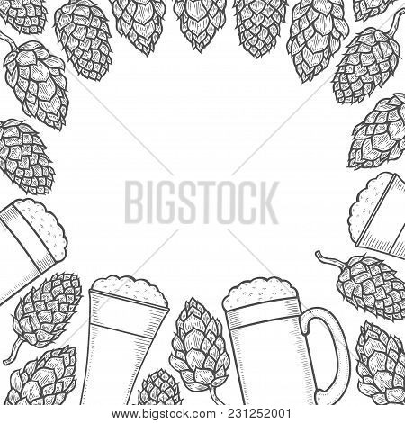 Monochrome Beer Menu Design Template. Engraved Illustration With Hops And Beer Glasses. Brewery Fram