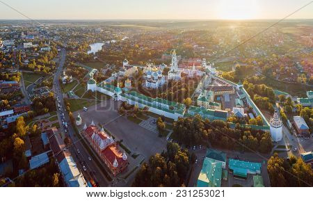 Panoramic Aerial View On Trinity St. Sergy Monastery At Autumn Sunset. Sergiev Posad, Russia
