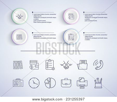 Infographic With Explanatory Text Sample And Icons Of Handshake And Documents, Wallet And Paper Near