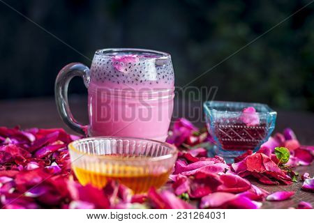 Indian/asian Popular Summer Drink I.e. Gulab Shake Or Rose Shake Consisting Of Milk,rose Syrup,sugar