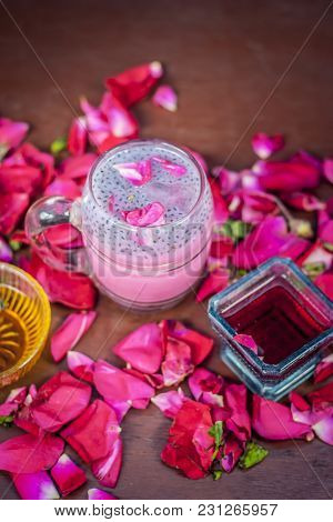Indian/asian Popular Summer Drink I.e. Gulab Shake Or Rose Shake Consisting Of Milk,rose Syrup,sugar