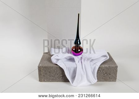 A Topper Rainbow Christmas Tree Decoration Emerging From A Y-front Male Underwear On Cinder Block. M