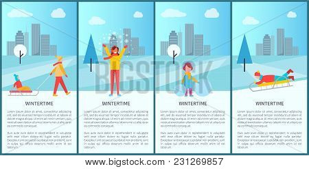 Wintertime City Park Activity With People Making Fun, Ice-skating Or Sledding. Vector Illustration W
