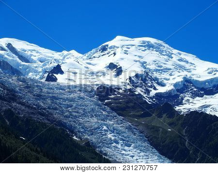 Mont Blanc Massif On Alpine Range Landscapes And Beauty Bossons Glacier In Chamonix Village, French 