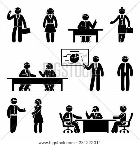 Stick Figure Business Communication Icon Set. Vector Illustration Of Presentation, Negotiation, Disc