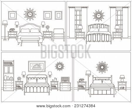 Room Interior. Hotel Bedroom With Bed. Vector. Linear Illustration. Retro House Furniture In Line Ar