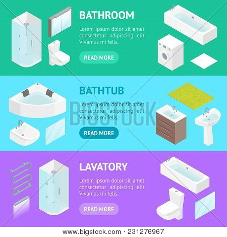 Furniture Bathroom Interior Banner Horizontal Set For Apartment, Shop Or Hotel Isometric View Includ