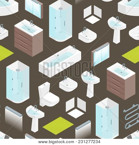 Furniture Bathroom Interior Seamless Pattern Background For Apartment, Shop Or Hotel Isometric View 