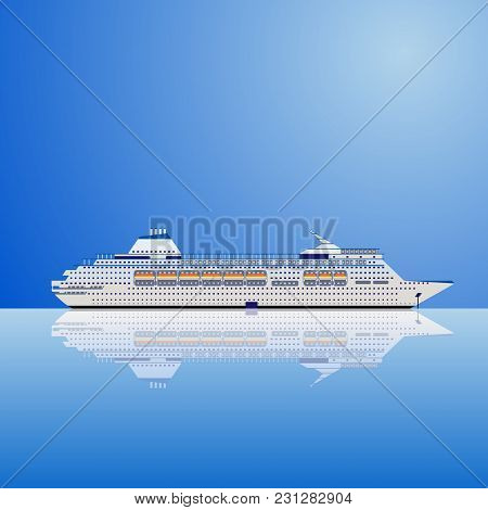 White Modern Transatlantic Cruise Liner Ship On A Blue Background. Realistic Vector Illustration.