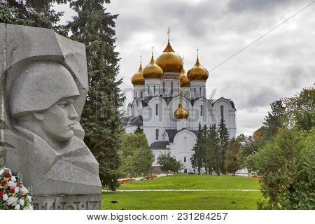 Yaroslavl, Russia - September 8, 2016: Assumption Cathedral And The War Memorial In Yaroslavl, Russi
