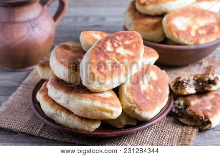 Patties With Potatoes And Meat. Traditional Russian Food, Rustic Style