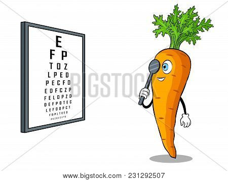 Carrot Check Vision With Snellen Chart Pop Art Retro Vector Illustration. Cartoon Food Character. Is