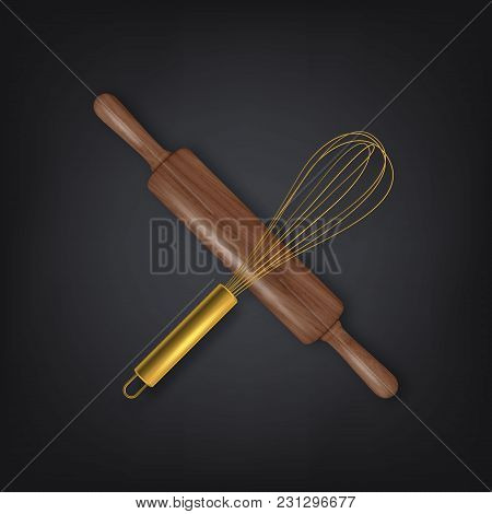 Vector Realistic 3d Wooden Rolling Pin And Metal Wire Steel Whisk Cross-shaped Icon Closeup Isolated