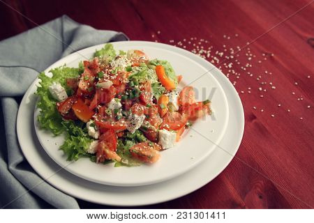 Salad With Vegetables And Cottage Cheese. Close Up. European Cuisine. Tomatoes, Celery, Leafy Greens