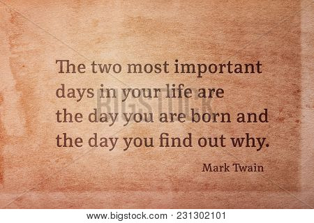 The Two Most Important Days In Your Life Are - Famous American Writer Mark Twain Quote Printed On Vi