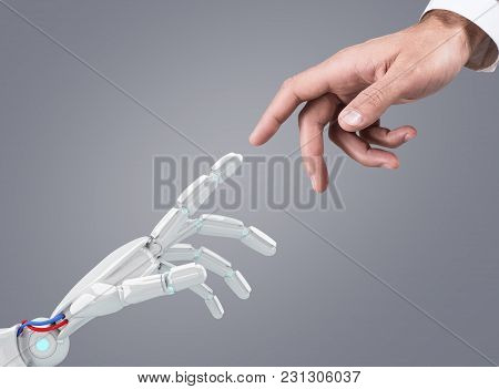 Human Hand Touching An Android Hand. Over Gray Background. 3d Rendering.