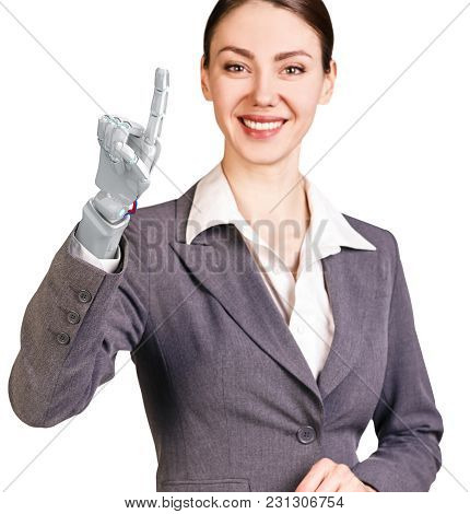 Smiling Business Woman With Robot Hand. Hand Prosthesis Concept. 3d Rendering
