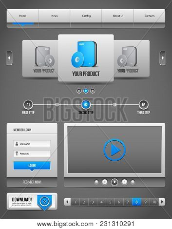 Modern Clean Website Design Elements Grey Blue Gray 2: Navigation Bar, Download, Pagination, Video, 