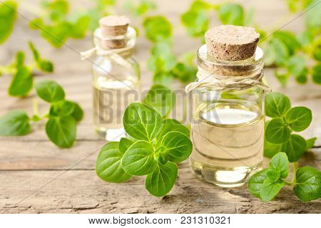 Oregano Oil And Fresh Oregano Leaves On The Wooden Board