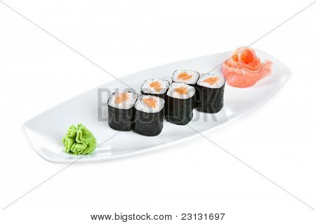Japonská kuchyně - Sushi (Roll syake maki) na bílém pozadí