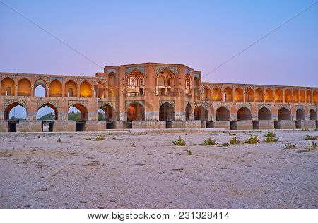 The Central Part Of The Arched Khaju Bridge With Tiled Patterns Over The Arches, Beautiful Niches An