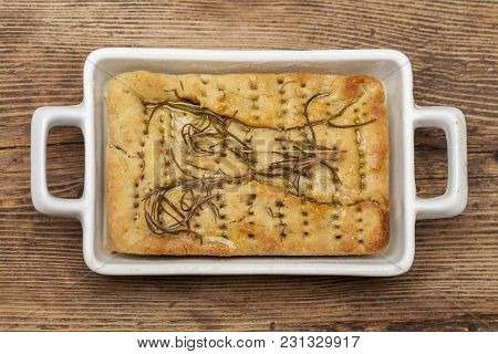 Overview Of Italian Focaccia Bread On Wood