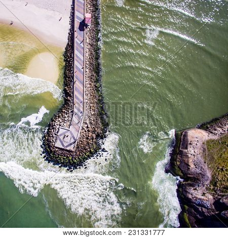 Drone Photo Of Barra Da Tijuca Beach, Rio De Janeiro, Brazil. We Can See The Barra Pier And The Beac