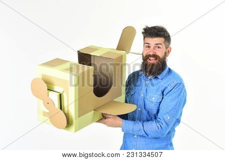 Bearded Man Father Hold Cardboard Plane Isolated On White. Man Engineer, Pilot School, Innovation. D