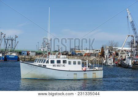 New Bedford, Massachusetts, Usa - February 28, 2018: Fishing Boat Foxy Lady Passing Fish Island On T