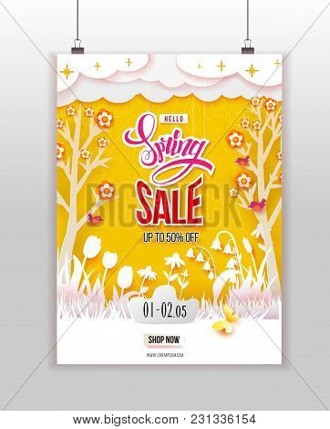 Spring Sale Print Poster Design. Flowers, Grass, Clouds And Butterfly Cut Out From White Paper On A 