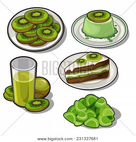Thematic Set Of Food Products From Kiwi. Vector Illustration.