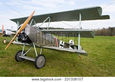 Plasy, Czech Republic - April 30 2017: Fokker Dr.i Dreidecker Triplane Stands On Airport On April 30