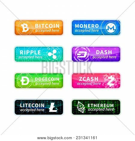 Cryptocurrency Accepted Here, Large Set Of Glossy Emblems With Most Common Currency Signs Isolated O