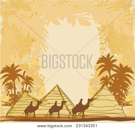 Vintage Background With Pyramids Landscape , Vector Illustration