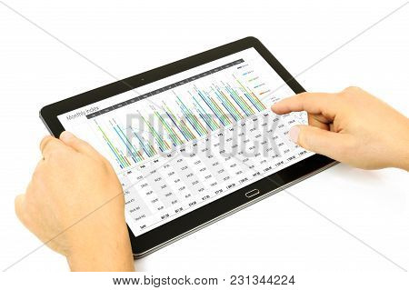 Composite Image Of Businessman Analyzing Investment Charts On The Digital Tablet Isolated On The Whi