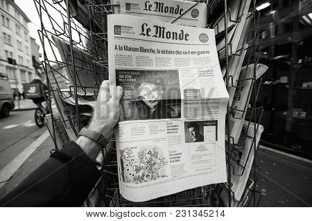 Paris, France - Mar 15, 2018: International Newspaper Le Monde With Portrait Of Stephen Hawking The 
