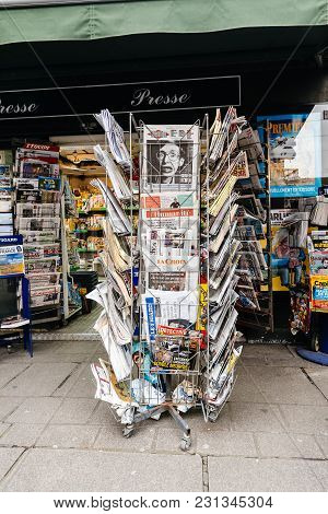 Paris, France - Mar 15, 2018: Vertical Photo International Newspapes Stack With Portrait Of Stephen 